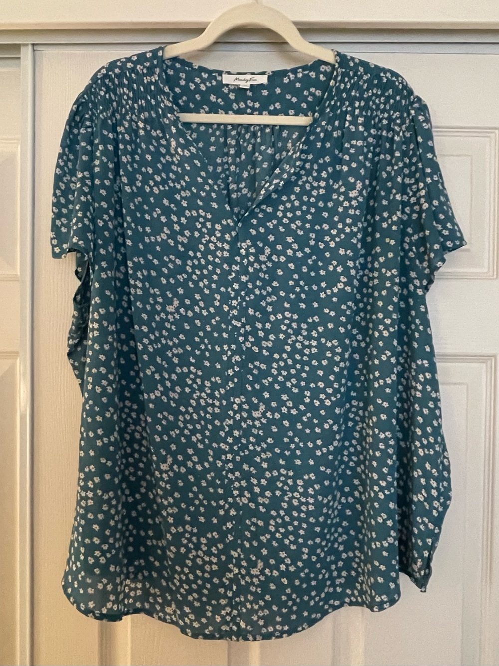 Monday Fun Pleated Shoulder Teal Floral Women's Blouse